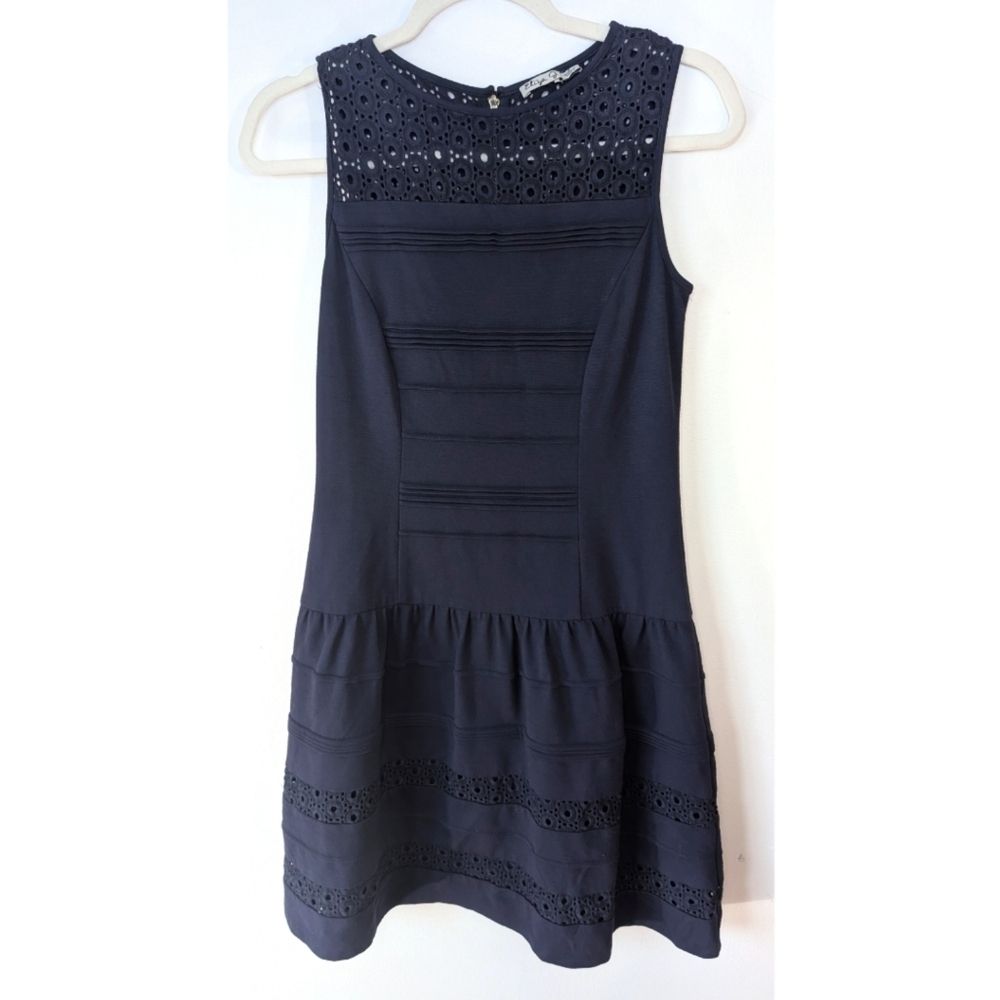 Eliza J Sleeveless Navy Knee Length Lace Eyelet Dress 4
